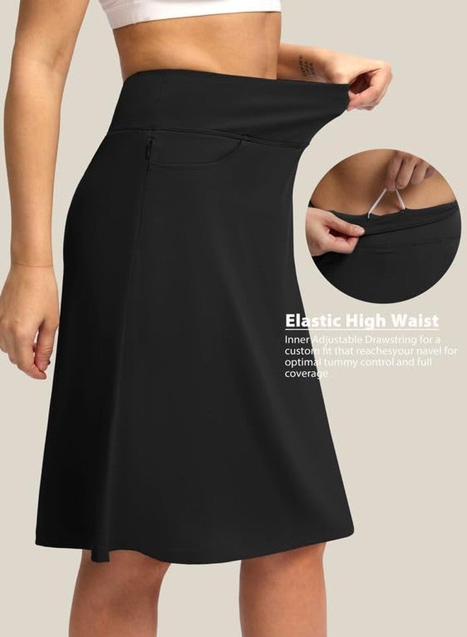 Viodia 25" Knee Length Skorts Skirts for Women with Zipper Pockets Stretchy Modest Aline Midi Skort for Casual Summer Travel Black - Image 4