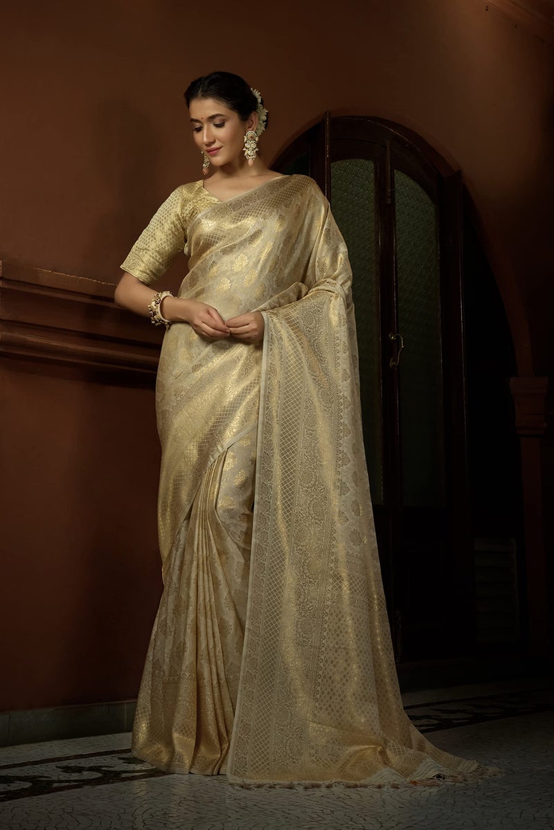 Vardha Women's Kanchipuram Art Silk Saree with Unstitched Blouse Piece - Zari Woven Work Sarees for Wedding (Asya Silk, 390, Off-White) - Image 3