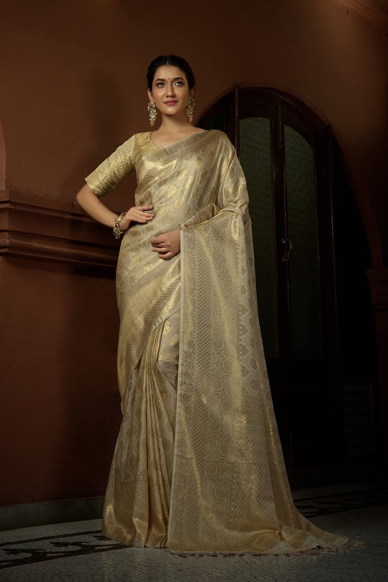 Vardha Women's Kanchipuram Art Silk Saree with Unstitched Blouse Piece - Zari Woven Work Sarees for Wedding (Asya Silk, 390, Off-White) - Image 2