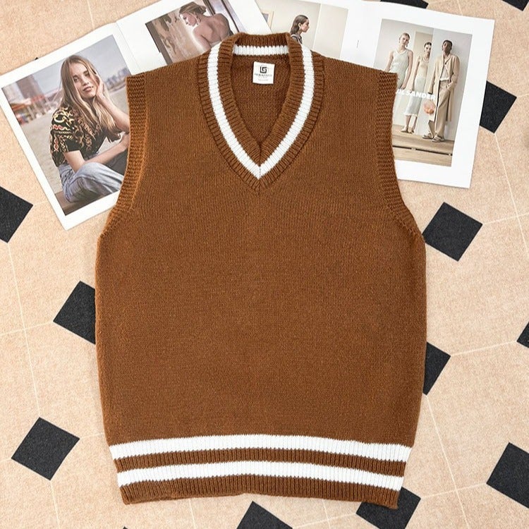 Cross-border-American fashion brand retro V-collar academic style sweater vest mens autumn and winter contrast color couple sleeveless vest Khaki-m24  - Image 1