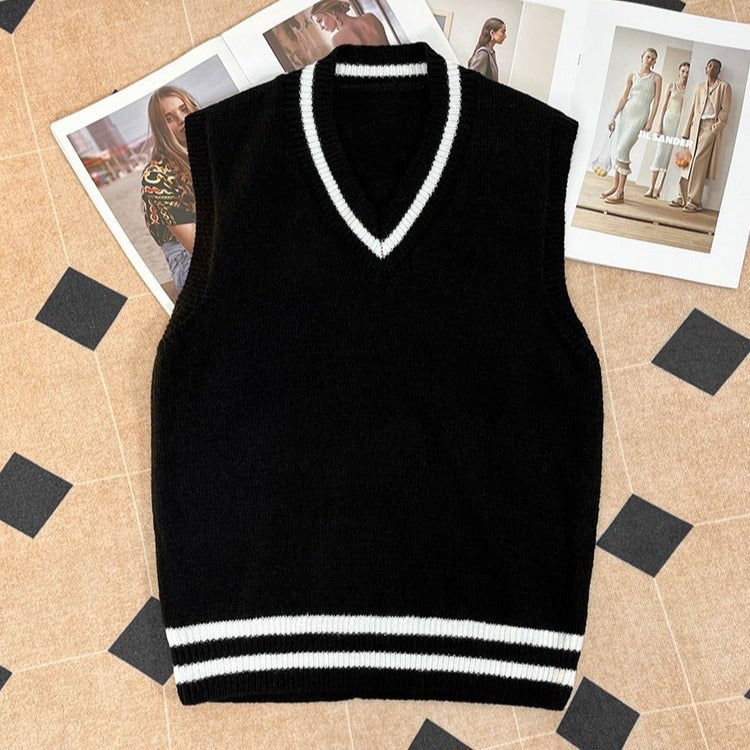 Cross-border-American fashion brand retro V-collar academic style sweater vest mens autumn and winter contrast color couple sleeveless vest Khaki-m24  - Image 2