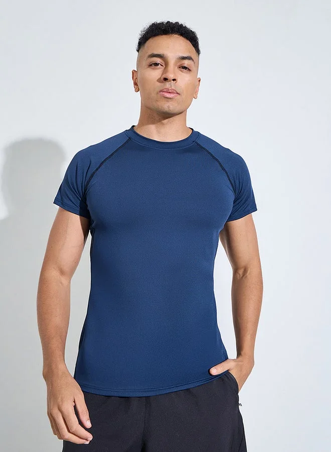 Navy Blue Solid Raglan Sleeves Contrast Stitch Running T-Shirt