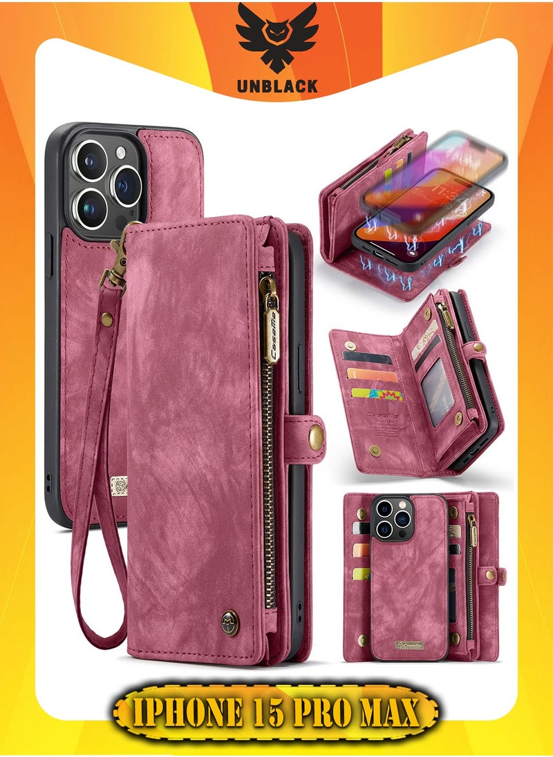 CaseMe Protective Phone Cover Case Wallet Case For Apple iPhone 15 Pro Max, 2 in 1 Detachable Premium Leather Magnetic Zipper Pouch Wristlet Flip Phone Case (Red)  - Image 1