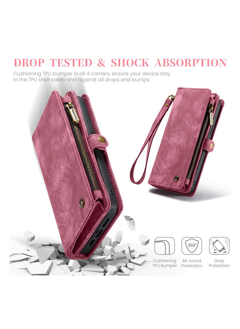 CaseMe Protective Phone Cover Case Wallet Case For Apple iPhone 15 Pro Max, 2 in 1 Detachable Premium Leather Magnetic Zipper Pouch Wristlet Flip Phone Case (Red)  - Image 5