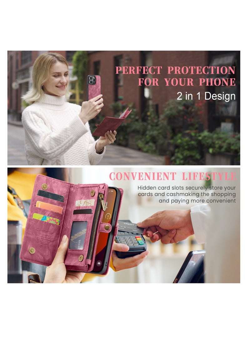 CaseMe Protective Phone Cover Case Wallet Case For Apple iPhone 15 Pro Max, 2 in 1 Detachable Premium Leather Magnetic Zipper Pouch Wristlet Flip Phone Case (Red)  - Image 3