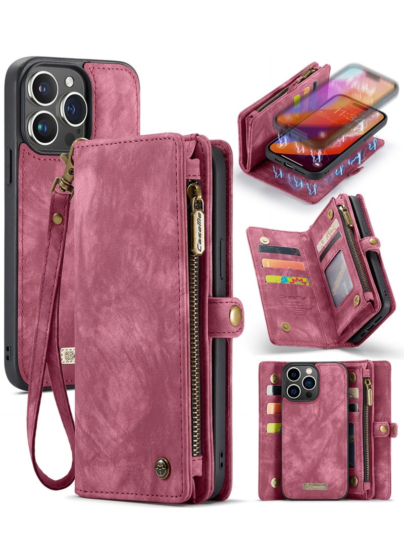 CaseMe Protective Phone Cover Case Wallet Case For Apple iPhone 15 Pro Max, 2 in 1 Detachable Premium Leather Magnetic Zipper Pouch Wristlet Flip Phone Case (Red)  - Image 2