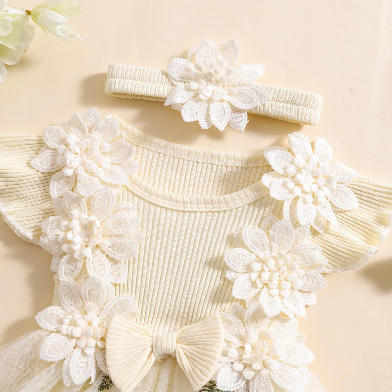 Douhoow Baby Girl Dress Romper Baby Romper Dress Flowers Embroidery Tulle Skirt Infant Girl Summer Clothes with Headband (Apricot, 0-3 Months) - Image 3