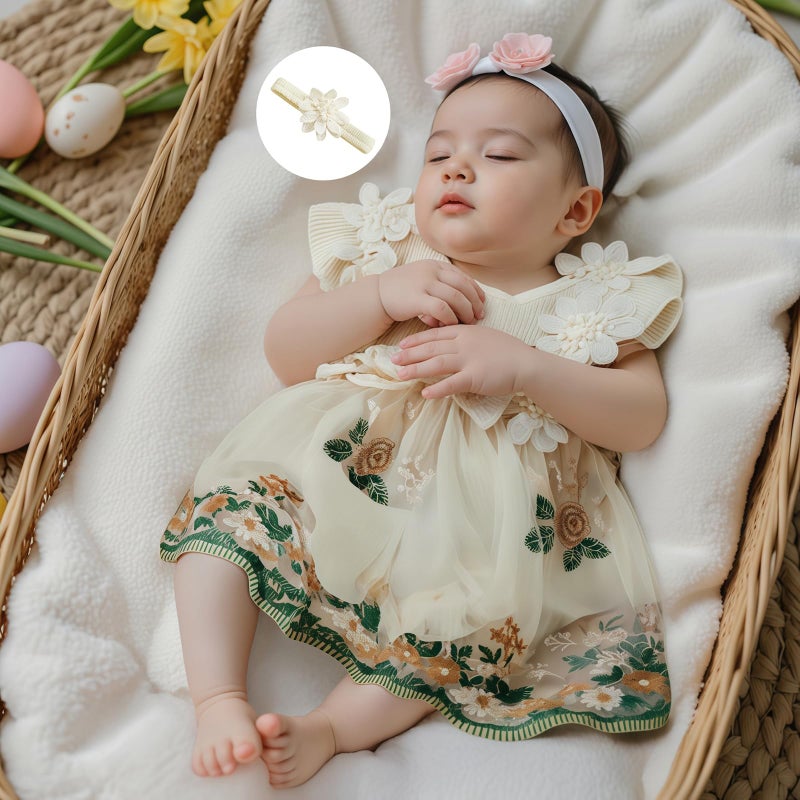 Douhoow Baby Girl Dress Romper Baby Romper Dress Flowers Embroidery Tulle Skirt Infant Girl Summer Clothes with Headband (Apricot, 0-3 Months) - Image 4