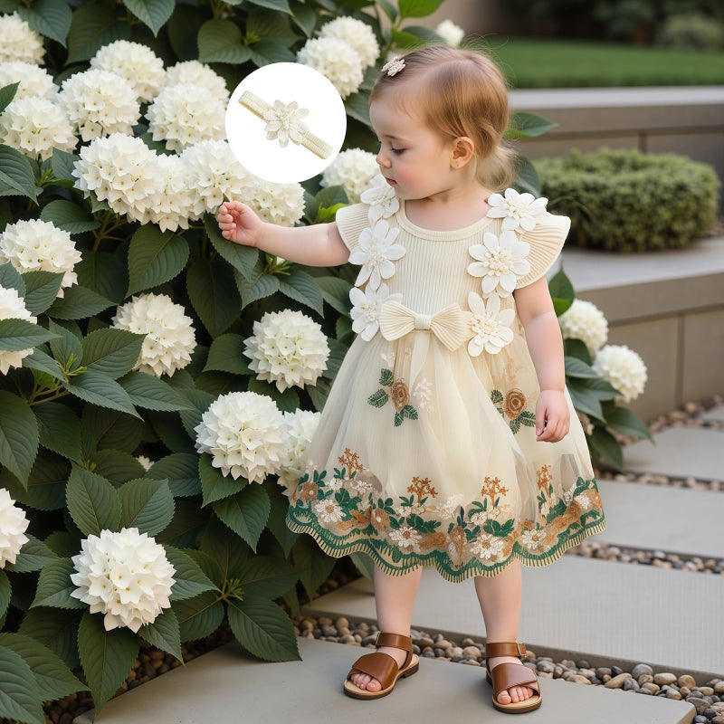 Douhoow Baby Girl Dress Romper Baby Romper Dress Flowers Embroidery Tulle Skirt Infant Girl Summer Clothes with Headband (Apricot, 0-3 Months) - Image 5