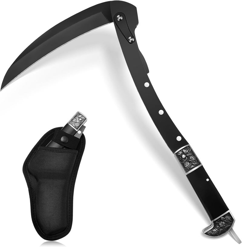 WILLBOND All condition resistant crafted quality Black Sharp Folding Sickle Garden Tool Portable Safety Grass Hand Sickle Knife with Sheath Wooden Handle 2 Sections for Gardening Farming Lawn Grass Weeds Hand Tools Wear resistant - Image 1