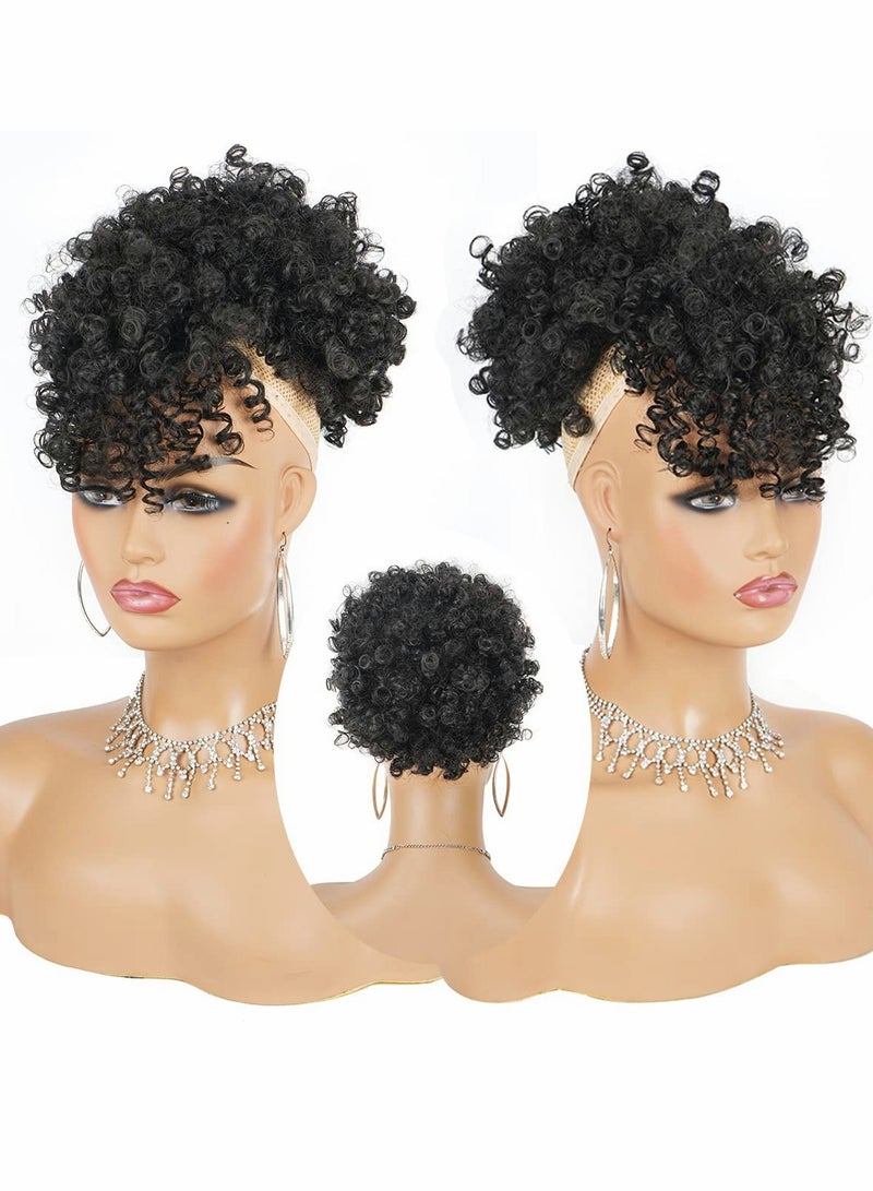 SOLARAE Afro Puff Wig, Drawstring Black Fluffy Ponytail with Bangs Pineapple Updo Hair for Women, Short Kinky Curly Ponytail Bun - Image 5