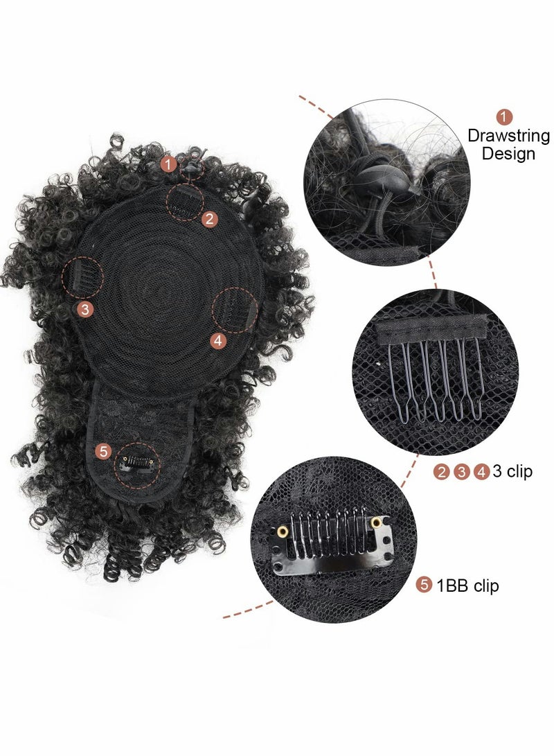 SOLARAE Afro Puff Wig, Drawstring Black Fluffy Ponytail with Bangs Pineapple Updo Hair for Women, Short Kinky Curly Ponytail Bun - Image 2
