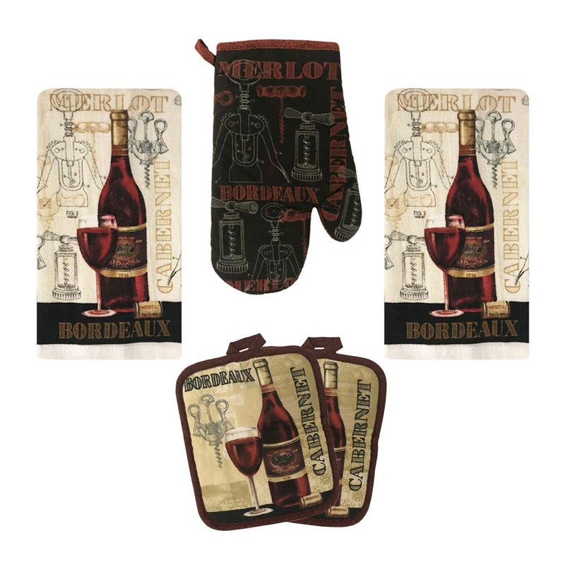 Lobyn Value Packs Kitchen Towel 5 Piece Linen Set 2 Towels 2 Pot Holders 1 Oven Mitt (Cabernet) - Image 1