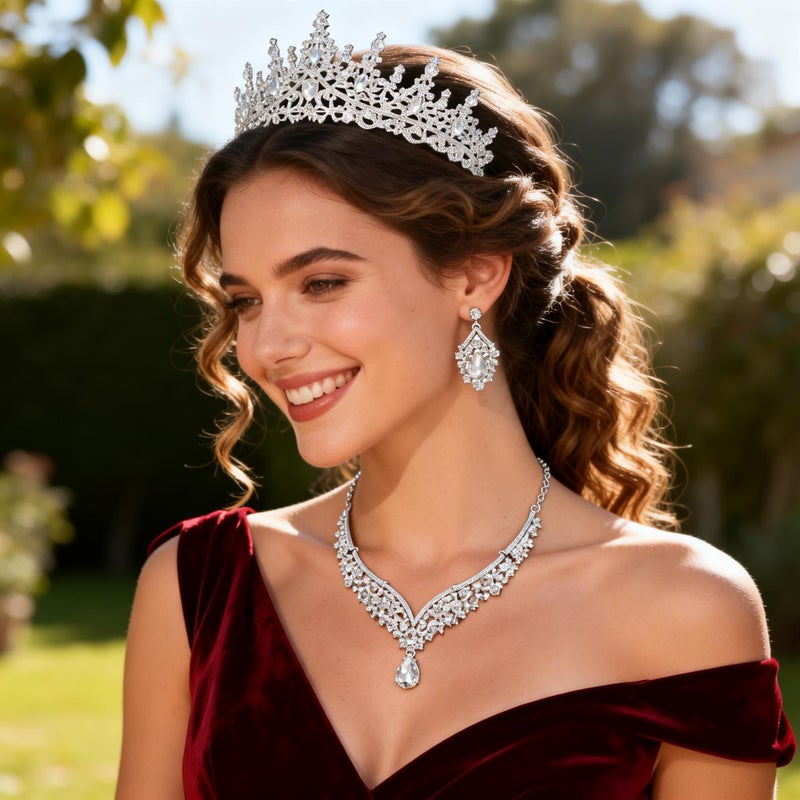 Kamirola Tiaras and Crowns for Women,Tiaras Earrings Necklace, Crystal Bridal Jewelry Set, Costume Party Halloween Prom Pageant Costume Jewelry for Women(TR28) (Silver) - Image 4