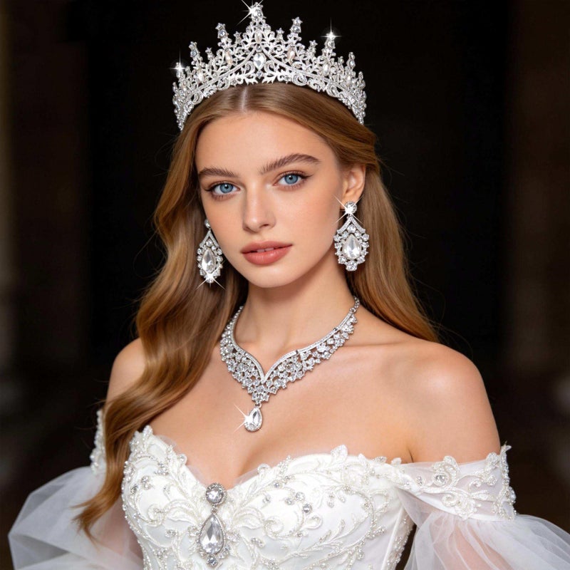 Kamirola Tiaras and Crowns for Women,Tiaras Earrings Necklace, Crystal Bridal Jewelry Set, Costume Party Halloween Prom Pageant Costume Jewelry for Women(TR28) (Silver) - Image 5