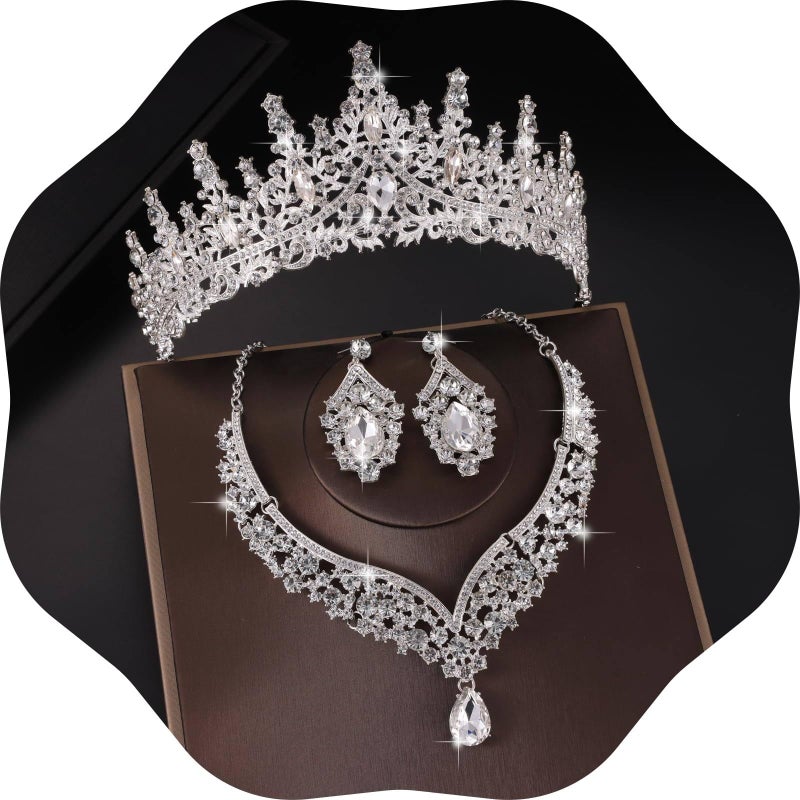 Kamirola Tiaras and Crowns for Women,Tiaras Earrings Necklace, Crystal Bridal Jewelry Set, Costume Party Halloween Prom Pageant Costume Jewelry for Women(TR28) (Silver) - Image 1