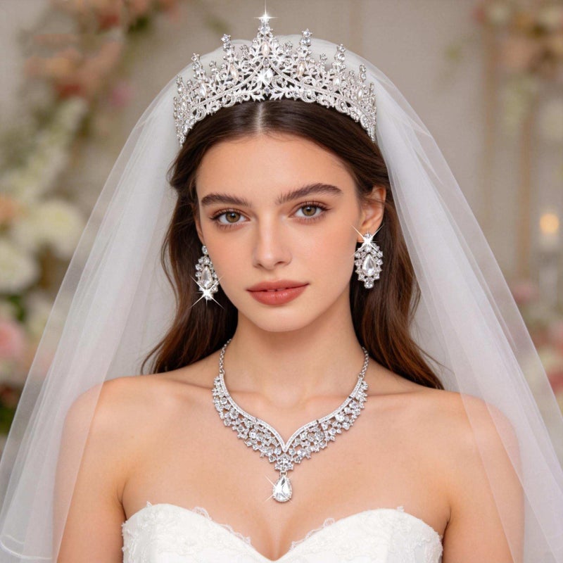 Kamirola Tiaras and Crowns for Women,Tiaras Earrings Necklace, Crystal Bridal Jewelry Set, Costume Party Halloween Prom Pageant Costume Jewelry for Women(TR28) (Silver) - Image 2