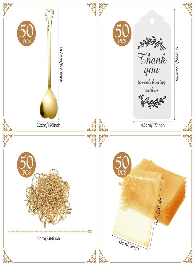 Meanplan 50 Sets Heart Shaped Tea Spoons Wedding Favor for Guests 5.63'' Heart Shaped Mini Spoons Creative Love Spoons with Sheer Bags Labels for Wedding Guest Souvenir Bridal Shower Tea Party Favors (Gold) - Image 2