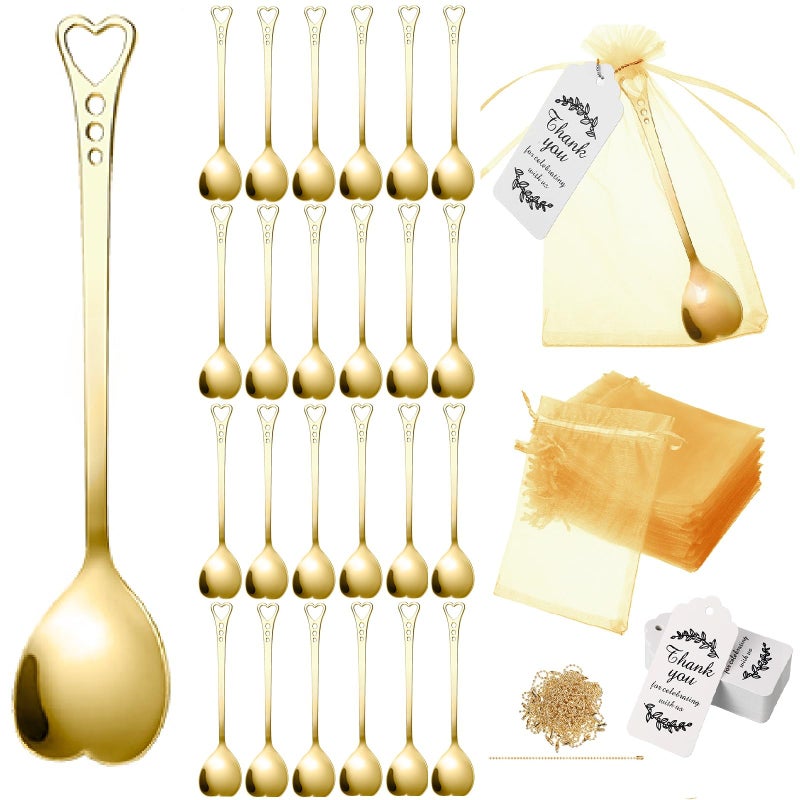 Meanplan 50 Sets Heart Shaped Tea Spoons Wedding Favor for Guests 5.63'' Heart Shaped Mini Spoons Creative Love Spoons with Sheer Bags Labels for Wedding Guest Souvenir Bridal Shower Tea Party Favors (Gold) - Image 1