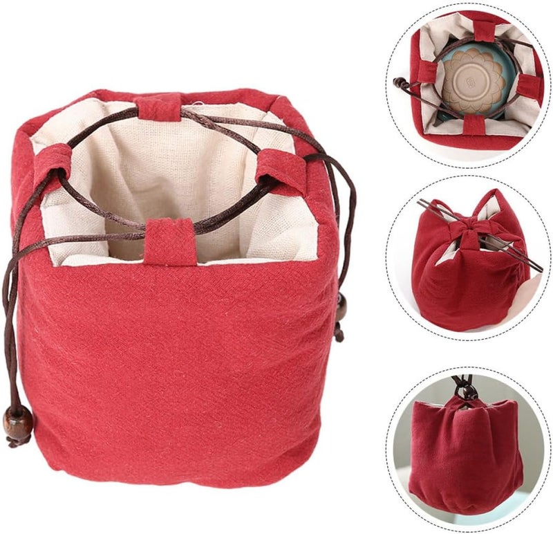 SUPVOX Teaware Storage Bag Lightweight Portable Tea Set Pouch with Drawstring Closure Red Travel Tea Cup and Teapot Carrying Case for Outdoor Use - Image 5