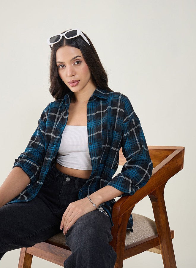 CHIMPAAANZEE Women Tartan Checks Checked Oversized Casual Shirt - Image 1