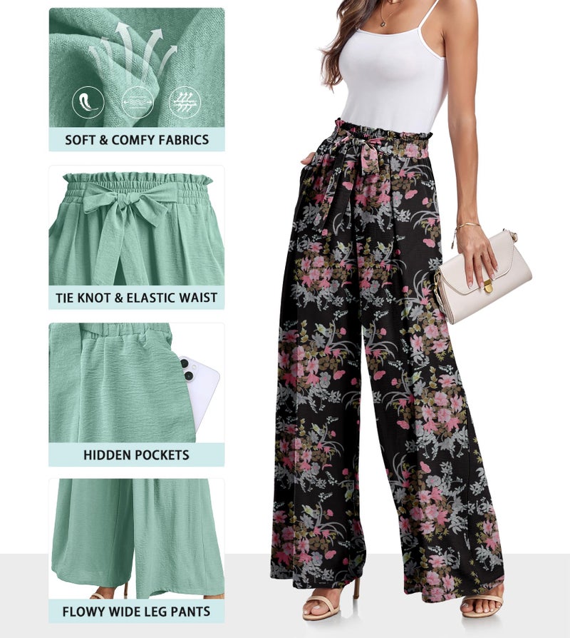 Lepunuo Wide Leg Pants for Women Elastic High Waisted Palazzo Pants Boho Printed Loose Flowy Trousers - Image 3