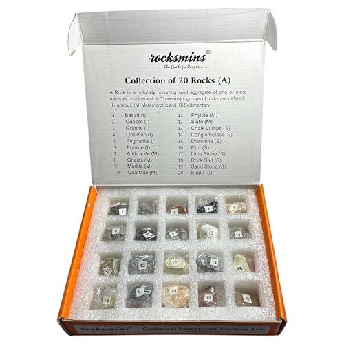 Rocksmins Collection of 20 Rocks Educational Kit Real Rock Collection for Kids & Adults STEM Learning Science Kit with Identification Guide & Storage Box - Image 1