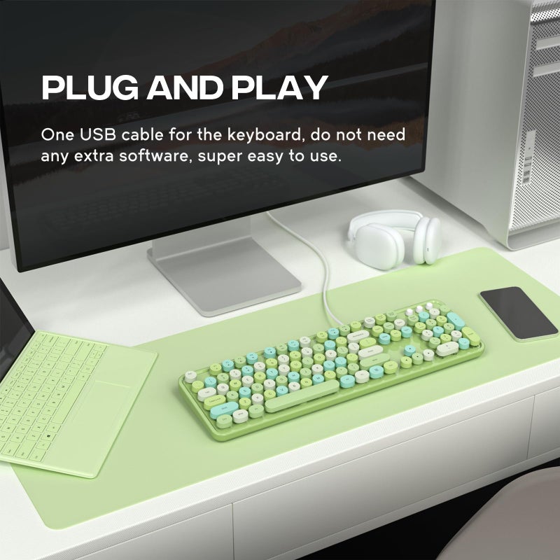 Atelus Computer Keyboard Wired, Typewriter Style, Plug Play USB Keyboard with Large Number Pad, Caps Indicators, Foldable Stands, Full Size Wired Keyboard for Windows PC Laptop (Green Colorful) - Image 2
