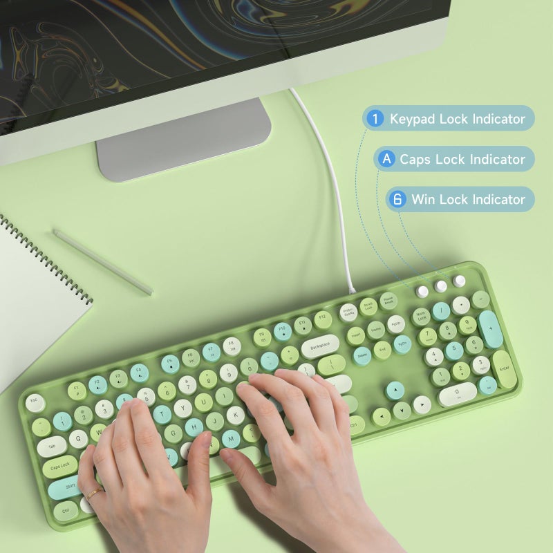 Atelus Computer Keyboard Wired, Typewriter Style, Plug Play USB Keyboard with Large Number Pad, Caps Indicators, Foldable Stands, Full Size Wired Keyboard for Windows PC Laptop (Green Colorful) - Image 3