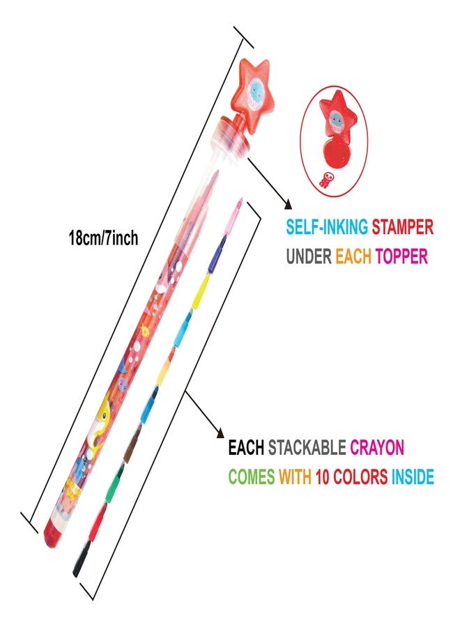 TINYMILLS 24 Pcs Shark Family 2 in 1 Stackable Stacking Crayon with Extra Stamper Topper, Kids Party Favors, Goodie Bag Stuffers, Classroom Rewards, Prizes - Image 3