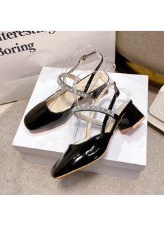Fashionable Vintage Elegant Pearl Thick Heeled Sandals Womens 2023 Summer New Style One-Row Strap High Heeled Shoes Round Toe Black
