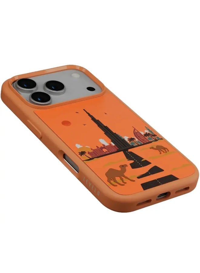 ليفيلو فالو غطاء جلد PU بتصميم دبي مع تشطيب تطريز لهاتف آيفون 17 برو ماكس – برتقالي شروق الشمس - Image 3