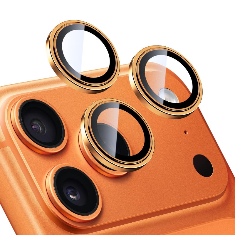 TENOC Camera Lens Protector for iPhone 17 Pro & iPhone 17 Pro Max, 9H Tempered Glass Camera Screen Cover, Orange Metal Individual Ring - Image 1