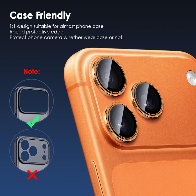 TENOC Camera Lens Protector for iPhone 17 Pro & iPhone 17 Pro Max, 9H Tempered Glass Camera Screen Cover, Orange Metal Individual Ring - Image 4