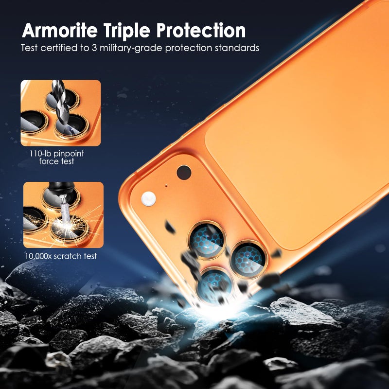 TENOC Camera Lens Protector for iPhone 17 Pro & iPhone 17 Pro Max, 9H Tempered Glass Camera Screen Cover, Orange Metal Individual Ring - Image 3