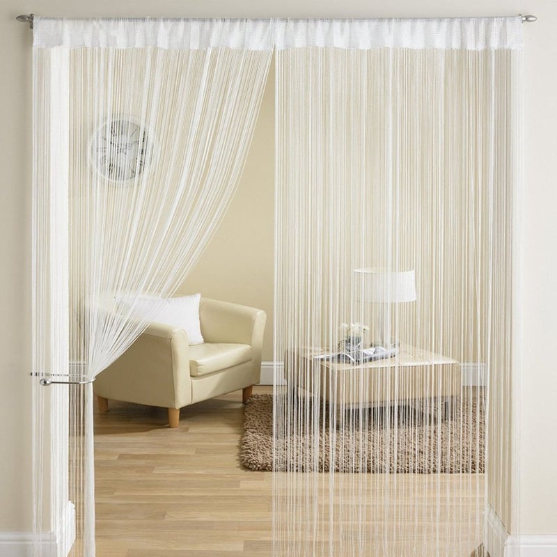 HFI 2 Piece Solid Tabtop Polyester Threads String Curtain Long Door 9 Feet White Semi Transparent Curtain Sheer Tab Top Curtains - Image 1