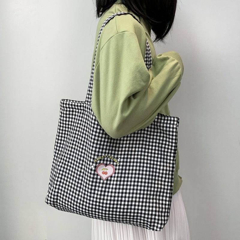 Summer Simple And Versatile Bag Cute Little Fresh Black And Red Plaid Cherry Bag Canvas Bag Female Student Shoulder Bag - Image 3