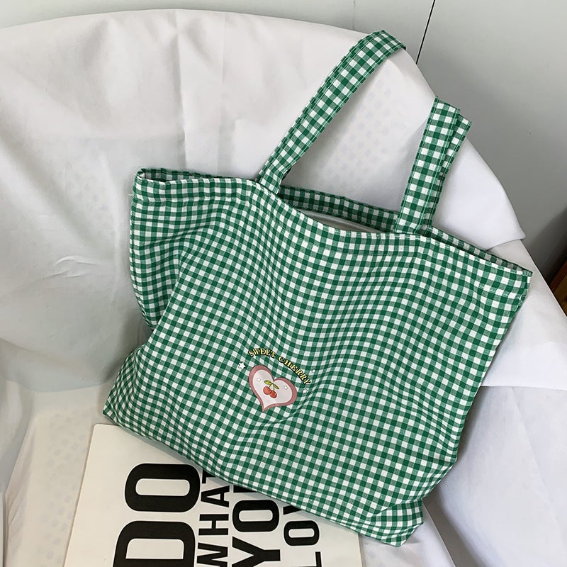 Summer Simple And Versatile Bag Cute Little Fresh Black And Red Plaid Cherry Bag Canvas Bag Female Student Shoulder Bag - Image 4