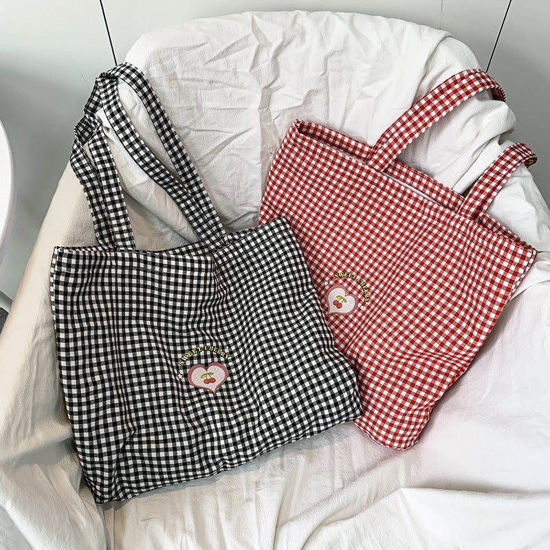 Summer Simple And Versatile Bag Cute Little Fresh Black And Red Plaid Cherry Bag Canvas Bag Female Student Shoulder Bag - Image 5