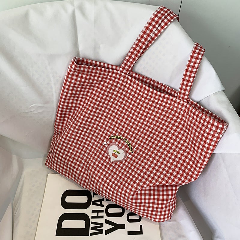 Summer Simple And Versatile Bag Cute Little Fresh Black And Red Plaid Cherry Bag Canvas Bag Female Student Shoulder Bag - Image 1