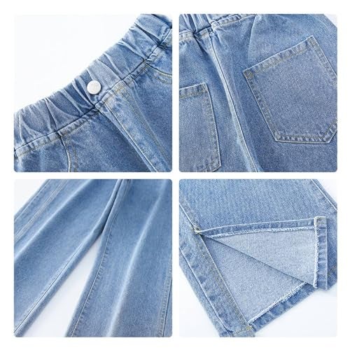 Rolanko Girls Loose Distressed Jeans Wide Leg Stretch Denim Pants Baggy Straight Trousers (Blue Split, 12-14) - Image 3