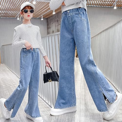 Rolanko Girls Loose Distressed Jeans Wide Leg Stretch Denim Pants Baggy Straight Trousers (Blue Split, 12-14) - Image 5
