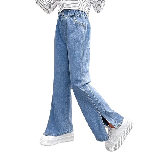 Rolanko Girls Loose Distressed Jeans Wide Leg Stretch Denim Pants Baggy Straight Trousers (Blue Split, 12-14) - Image 1