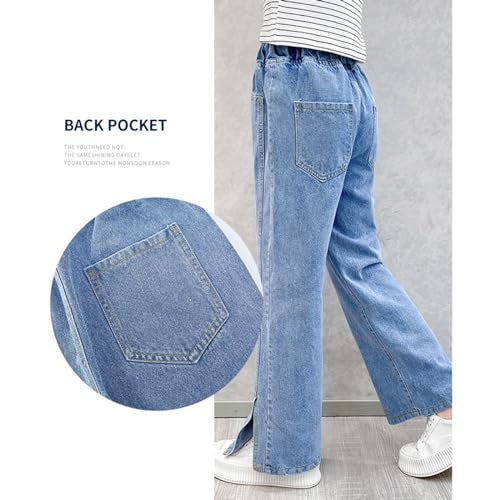 Rolanko Girls Loose Distressed Jeans Wide Leg Stretch Denim Pants Baggy Straight Trousers (Blue Split, 12-14) - Image 4