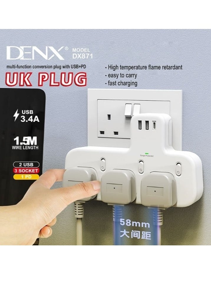 دينكس - فيش جداري مشترك كهرباء بـ3 منافذ ثلاثية ومنفذين USB ومنفذ PD يدعم الشحن السريع/DX871 - Image 1