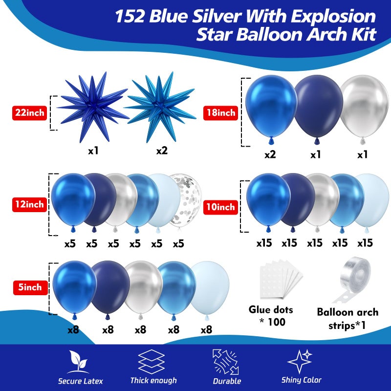 ADOINBY Blue Balloon Arch Kit, 152Pcs Explosion Star Various Blue and Silver Latex Balloon Garland kit Different Size Balloons for Anniversary Birthday Wedding Baby Shower Dark Party Decorations - Image 2
