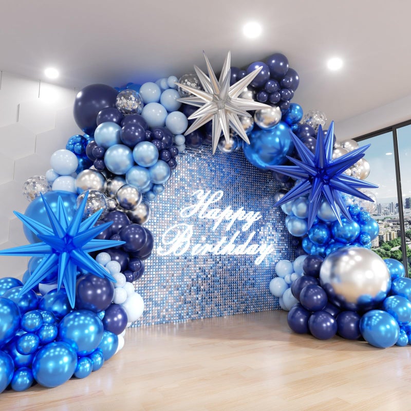 ADOINBY Blue Balloon Arch Kit, 152Pcs Explosion Star Various Blue and Silver Latex Balloon Garland kit Different Size Balloons for Anniversary Birthday Wedding Baby Shower Dark Party Decorations - Image 1