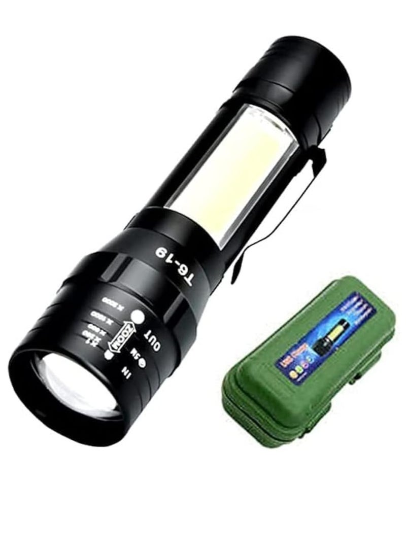 LED Rechargeable Flashlight 12.2cm With COB Side Light-USB Chargeable Torch-Super Zoomable Bright Flashlight For Camping, Outing And Emergency - (Black Color)  - Image 1