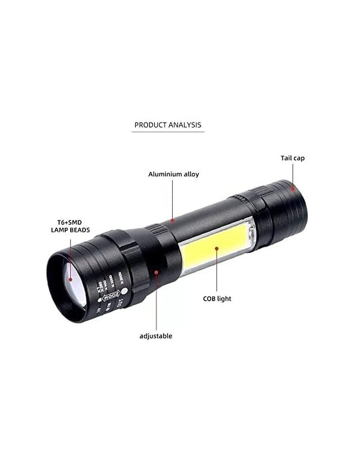 LED Rechargeable Flashlight 12.2cm With COB Side Light-USB Chargeable Torch-Super Zoomable Bright Flashlight For Camping, Outing And Emergency - (Black Color)  - Image 2