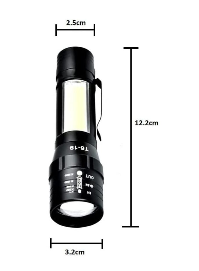 LED Rechargeable Flashlight 12.2cm With COB Side Light-USB Chargeable Torch-Super Zoomable Bright Flashlight For Camping, Outing And Emergency - (Black Color)  - Image 3